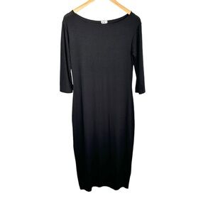 Three Dots Womens Jersey Knit Dress Sz Large Black 3/4 Sleeve Stretchy LBD USA